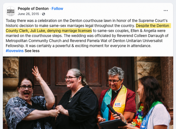 People of Denton Facebook post describing Ellen and Angelia's courthouse wedding, with a photograph of four women celebrating outside the courthouse.